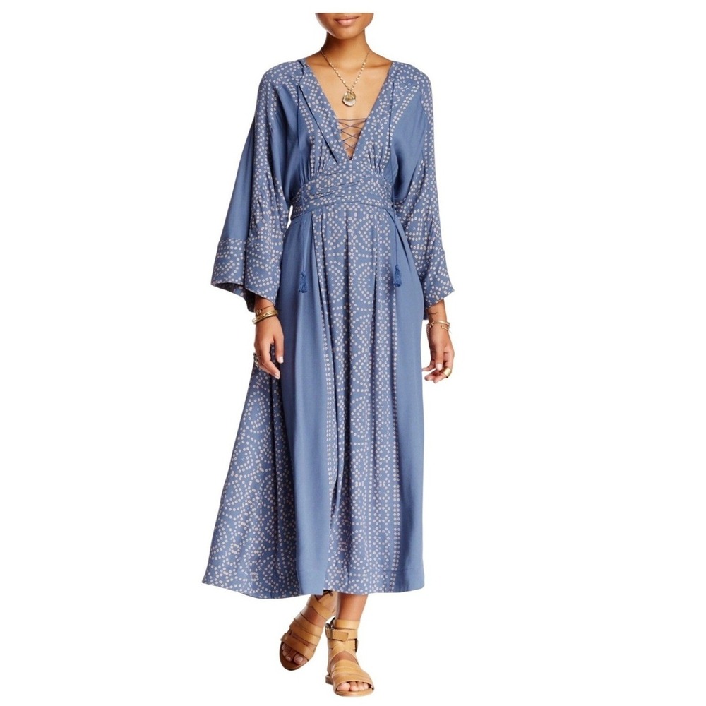 Free People Modern Kimono Maxi Dress Blue Lace Up 10 Boho Bohemian